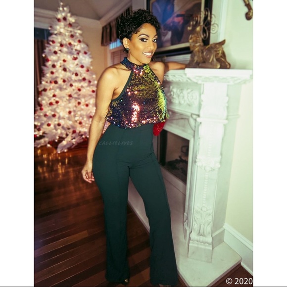 Callie Celebration: Iridescent Orange Sequin Cropped Halter Green Jumpsuit S M - Picture 4 of 16